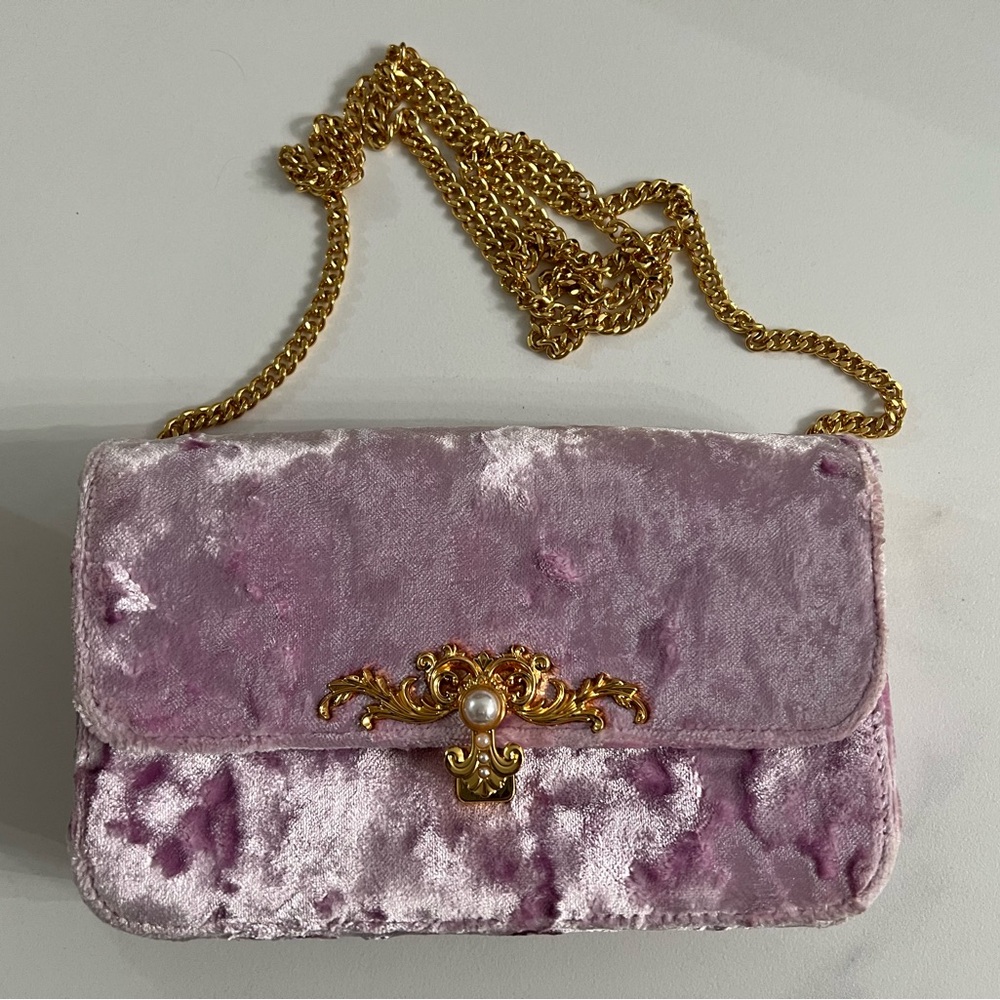 Charles & Keith Pink Velvet Crossbody Bag with Gold Accents
